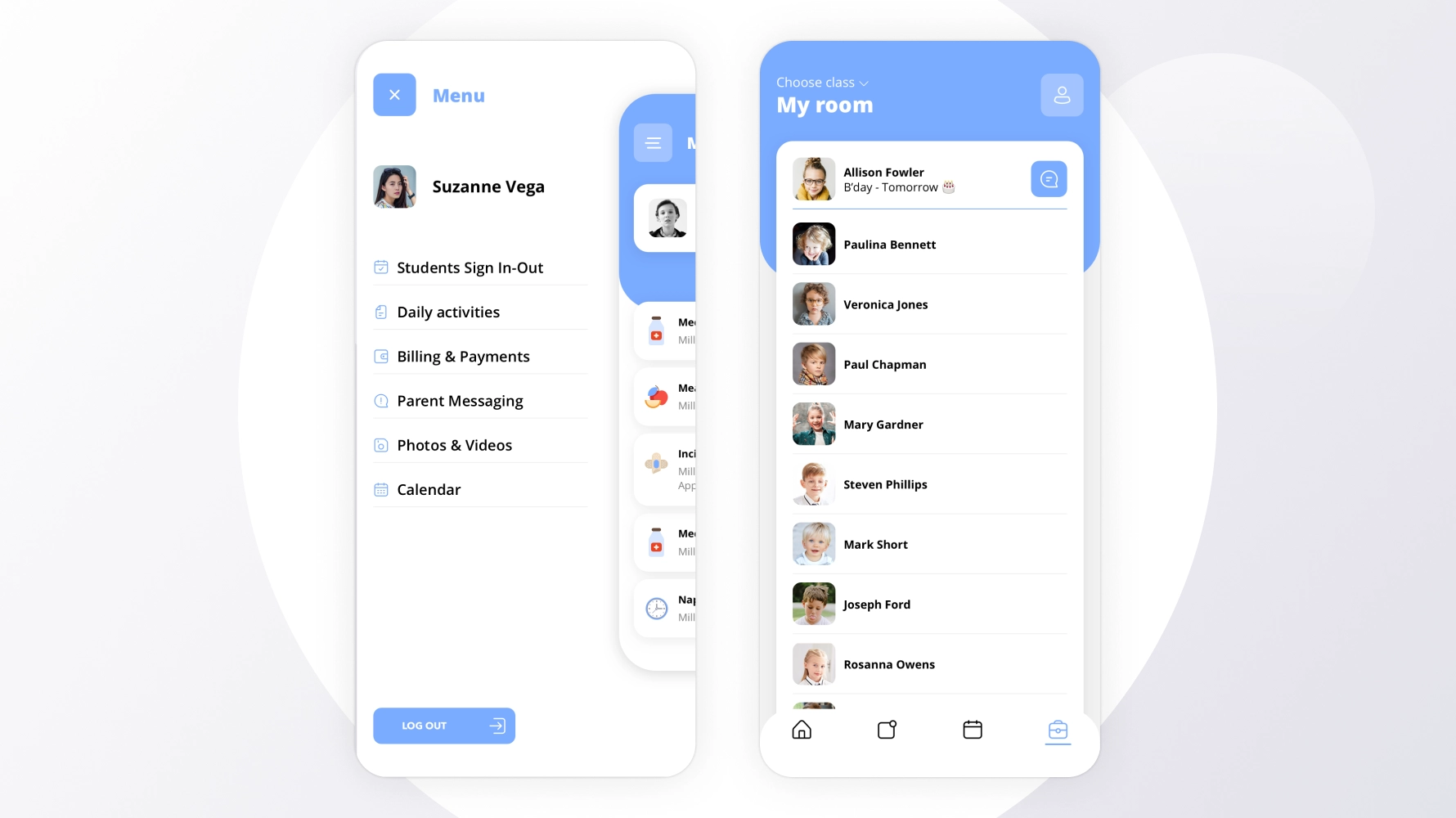 Childcare app white and blue design