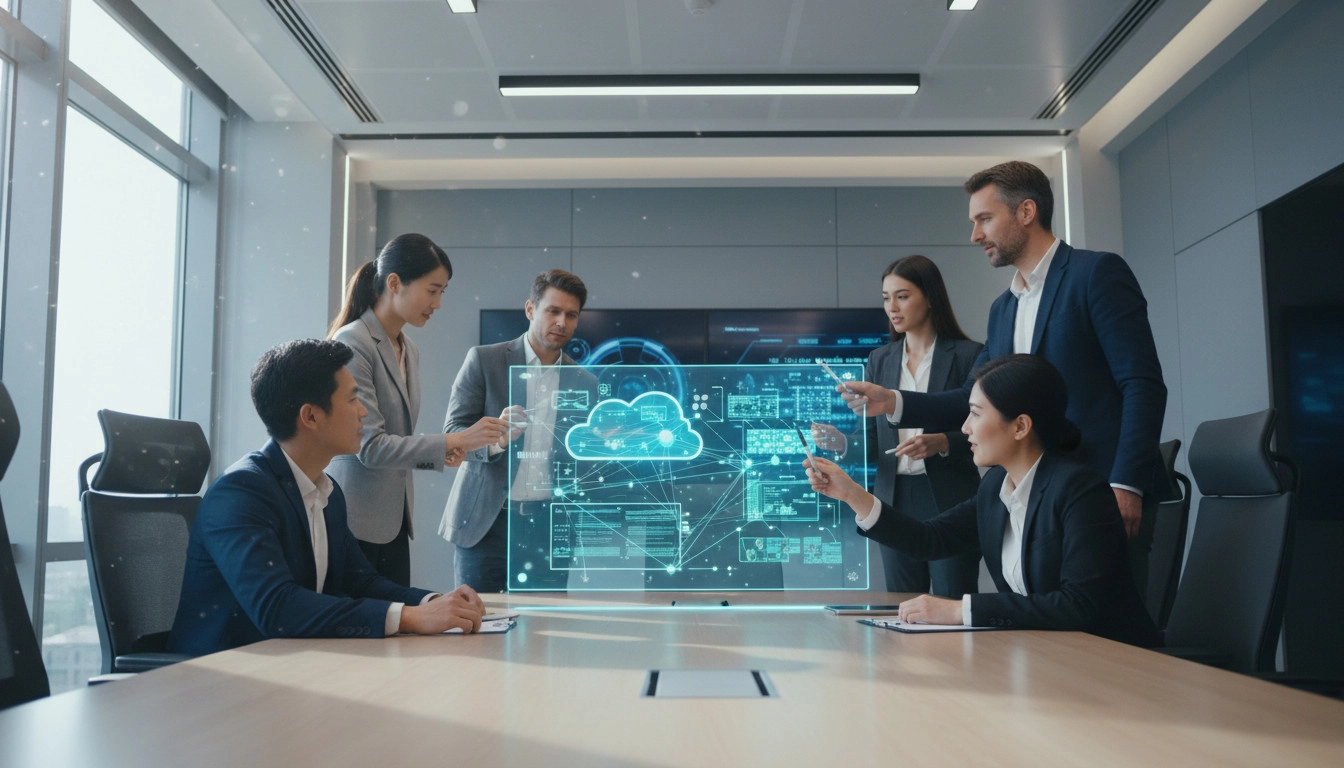 A diverse engineering team collaborating on a modular cloud architecture board in a high-tech conference room