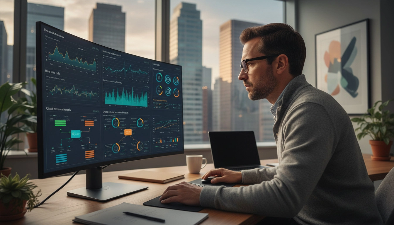 A developer reviewing a dashboard displaying real-time AI model performance metrics and cloud infrastructure health