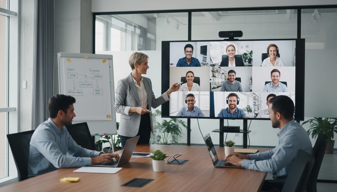 Project manager leading a hybrid sprint retrospective session with both in-office and remote developers displayed on a large