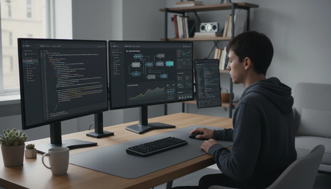 A developer working at a clean desk with multiple monitors displaying modular code snippets and a visual workflow of an AI-dr