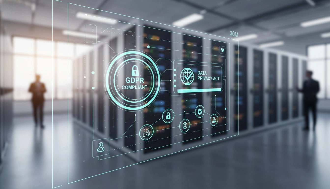 A secure server room schematic overlaid with holographic privacy and compliance badges, symbolizing data protection.