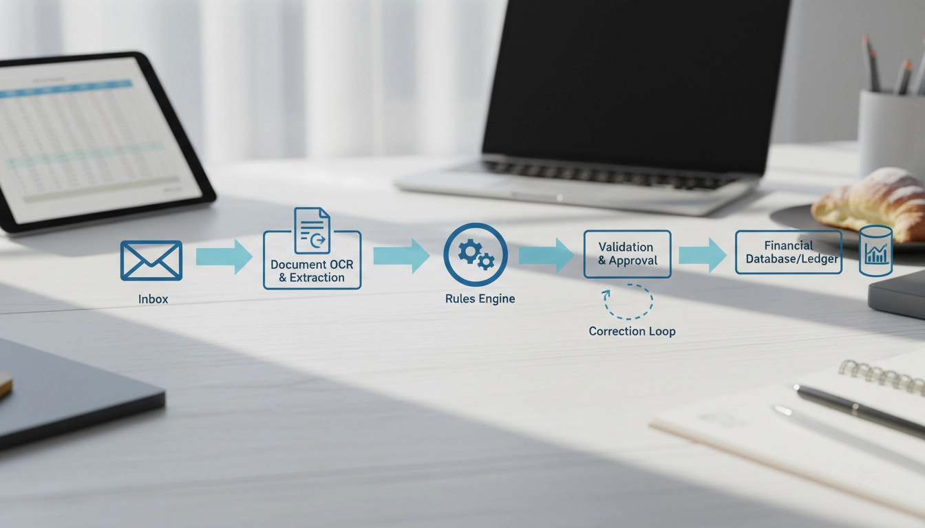 A simplified flowchart showing an automated document-to-ledger workflow moving from an inbox to a database.