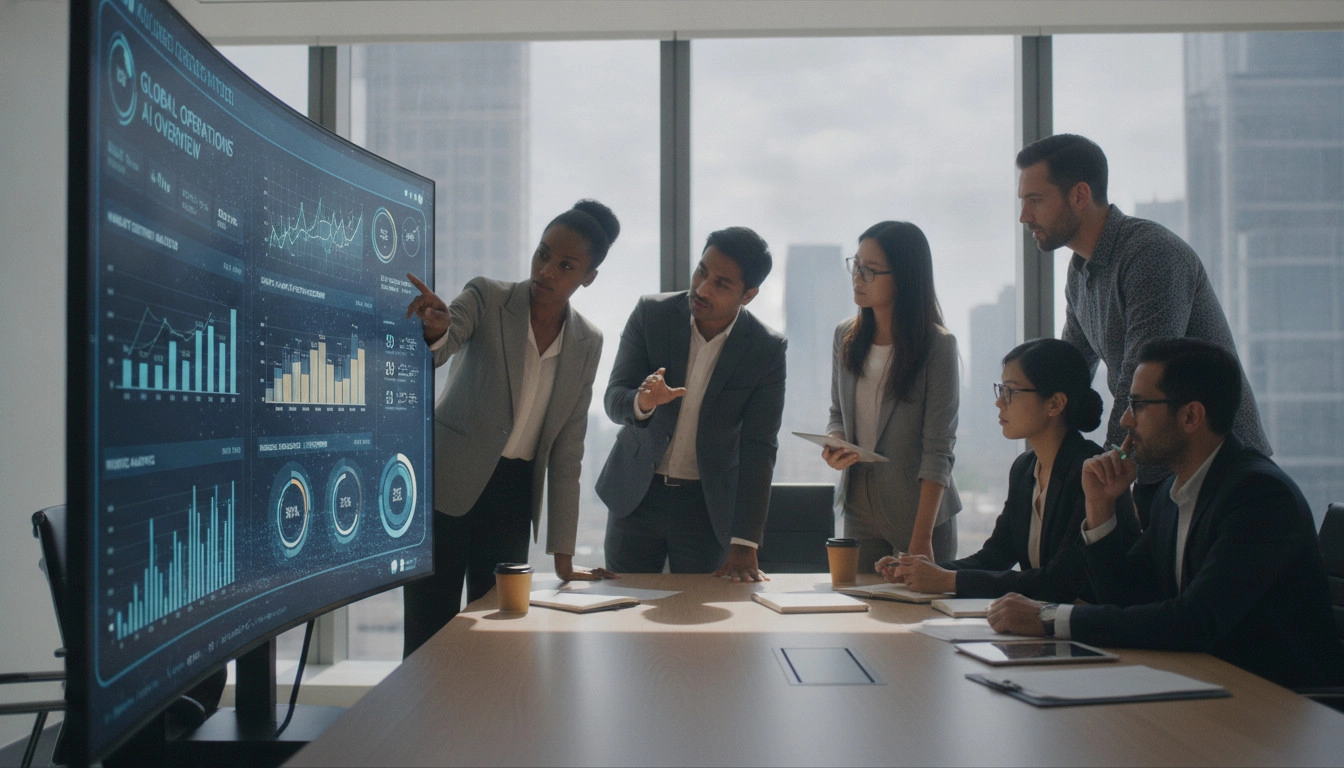 A diverse leadership team reviewing a dashboard showing real-time, AI-driven performance metrics on a high-definition monitor