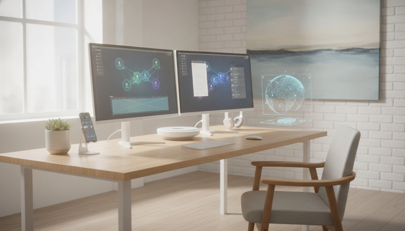 A modern, minimalist office workspace with cloud-connected devices and collaborative software interfaces.