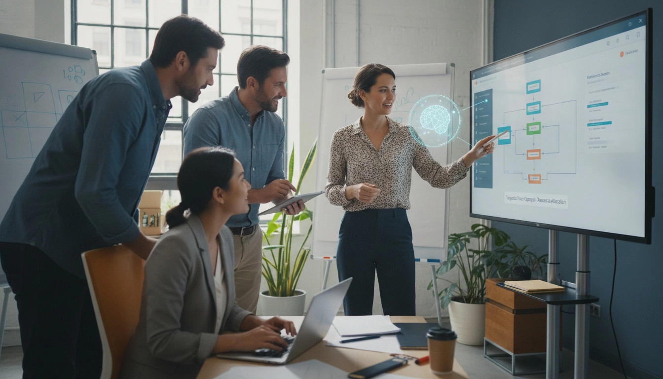 A workshop facilitator showing employees how to interact with an AI-assisted project management tool.