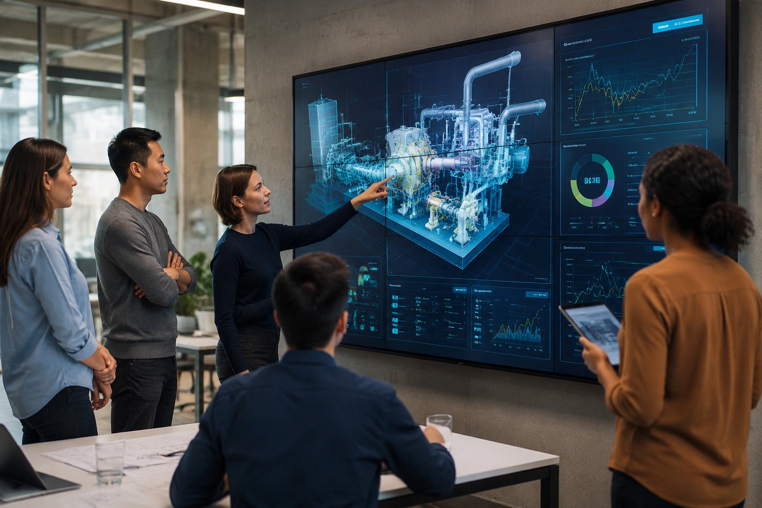 A diverse product strategy team collaborating on a digital twin dashboard on a high-definition wall display.