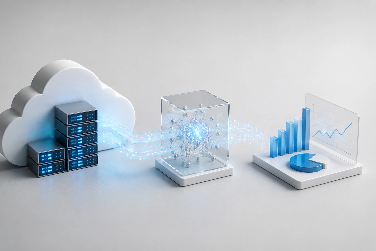 A minimalist architectural diagram showing the flow between cloud infrastructure and AI-driven data insights.