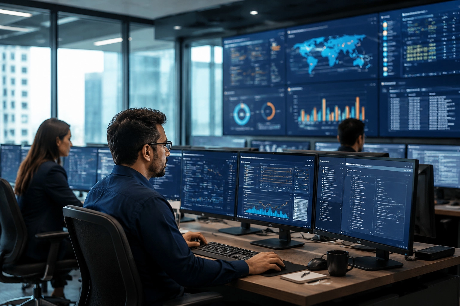 Security analysts monitoring a real-time cybersecurity dashboard in a modern, well-lit command center.