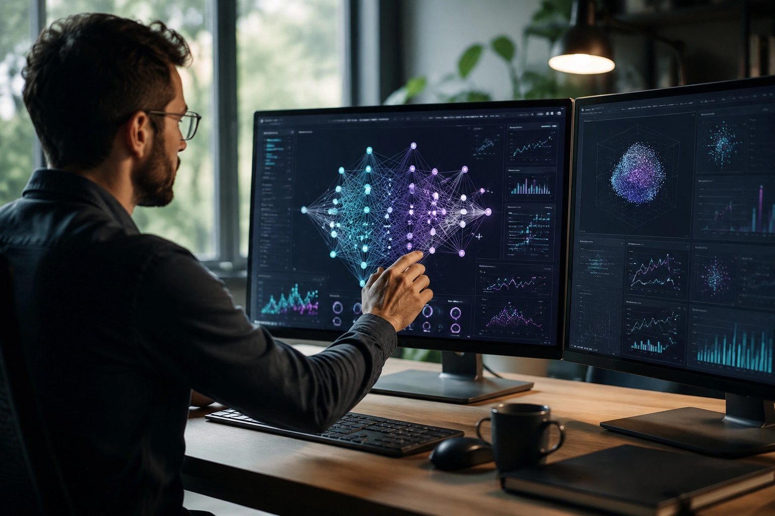 A developer collaborating with an AI-integrated dashboard visualizing real-time neural network adjustments.