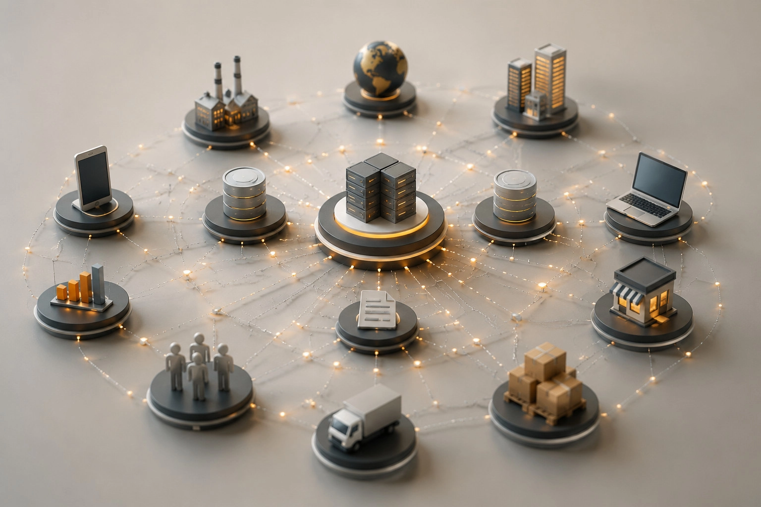 A conceptual 3D render showing interconnected data nodes forming a complex business ecosystem.
