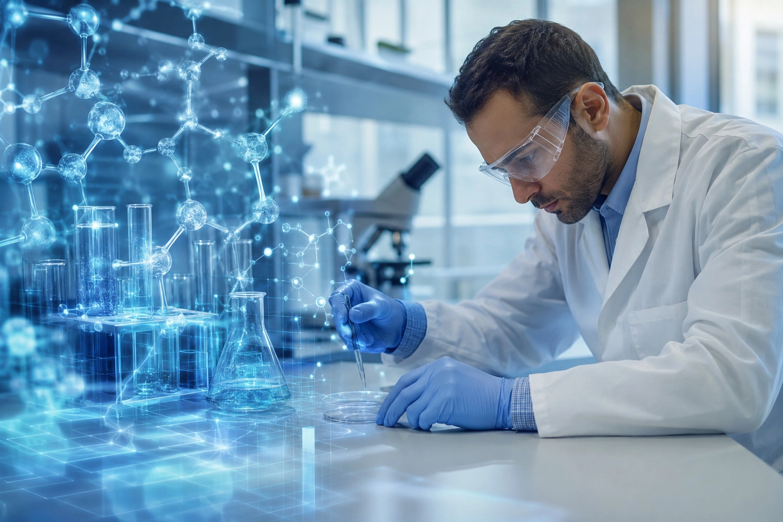 A laboratory environment merged with digital holographic data overlays representing chemical compounds.