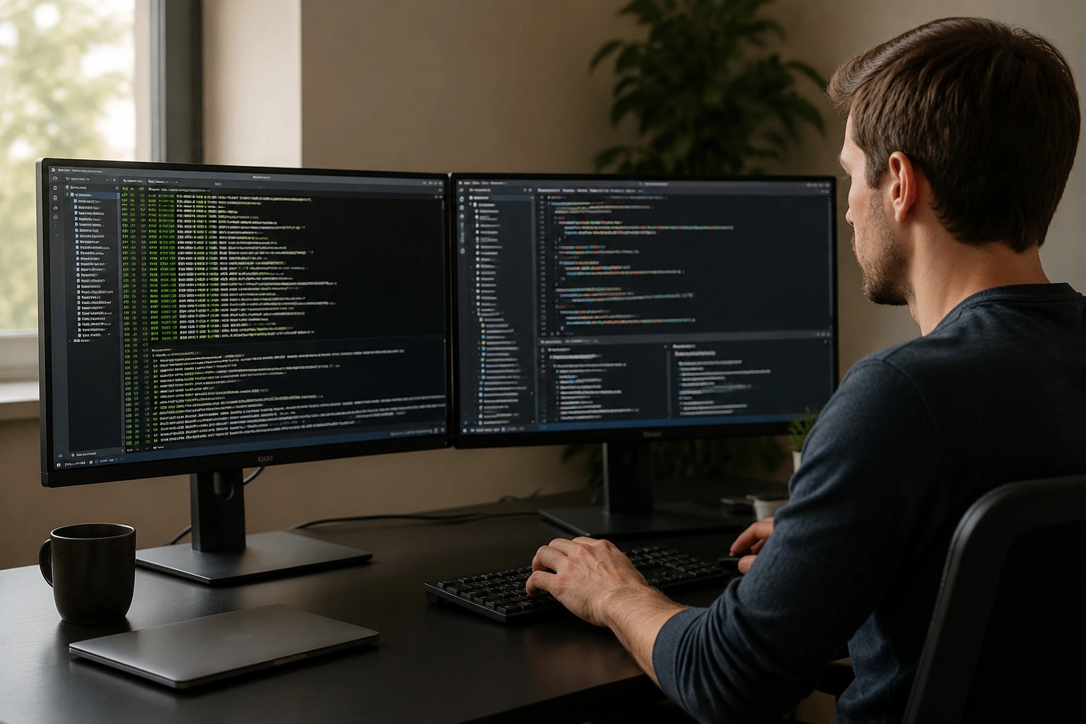 A software developer sitting at a minimal desk with a dual-monitor setup, one screen displaying active terminal logs and code