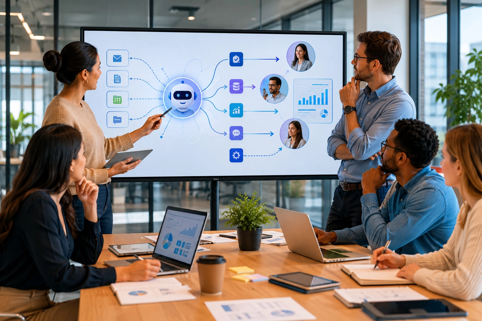 A corporate strategy team standing around a digital whiteboard visualizing an automated workflow where AI agents handle routi