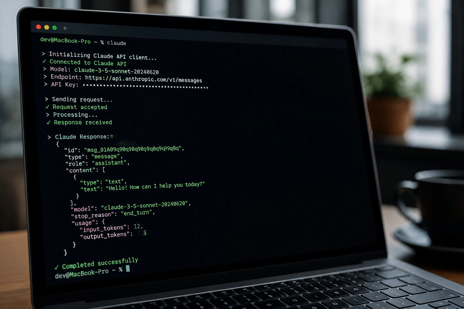 A close-up of a high-end laptop screen showing a terminal interface integrated with Claude's API, highlighting a clear termin