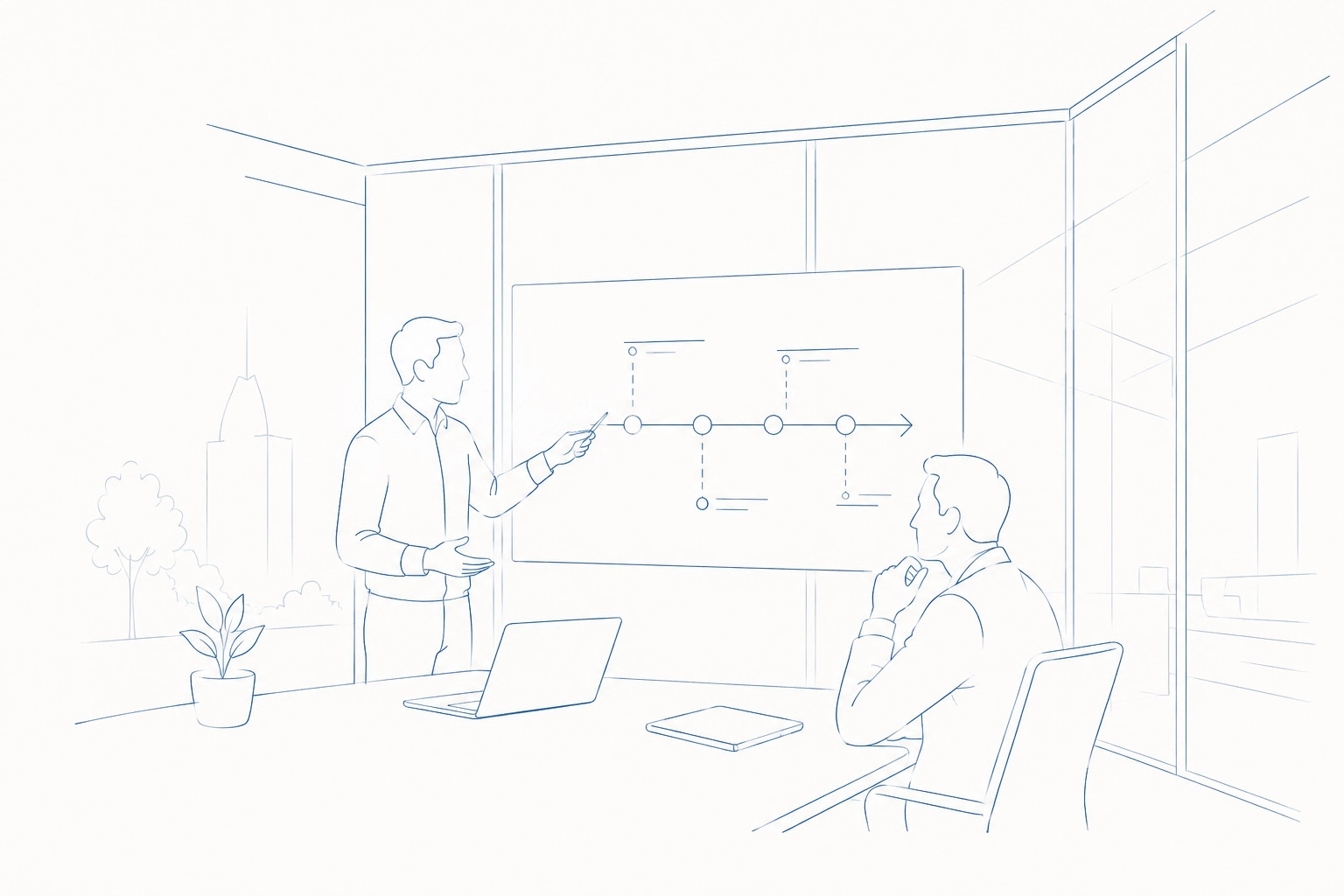 A senior engineer explaining a roadmap to a business executive in a modern, sunlit meeting room with glass walls