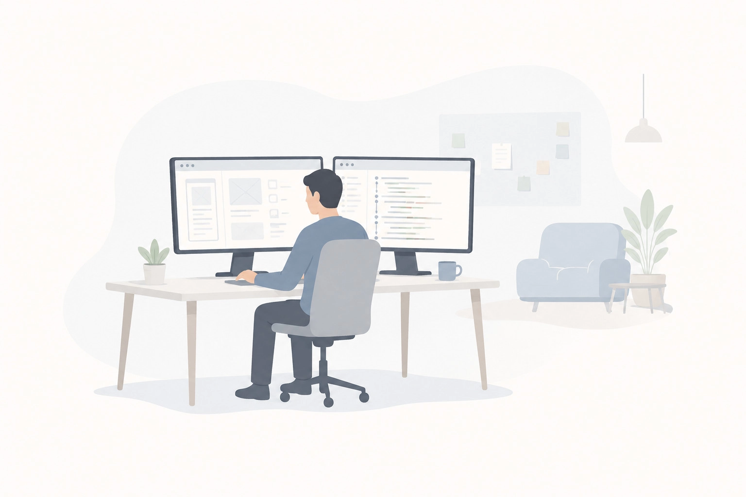 A developer sitting in a collaborative space, simultaneously reviewing wireframes on one monitor and code commits on another.