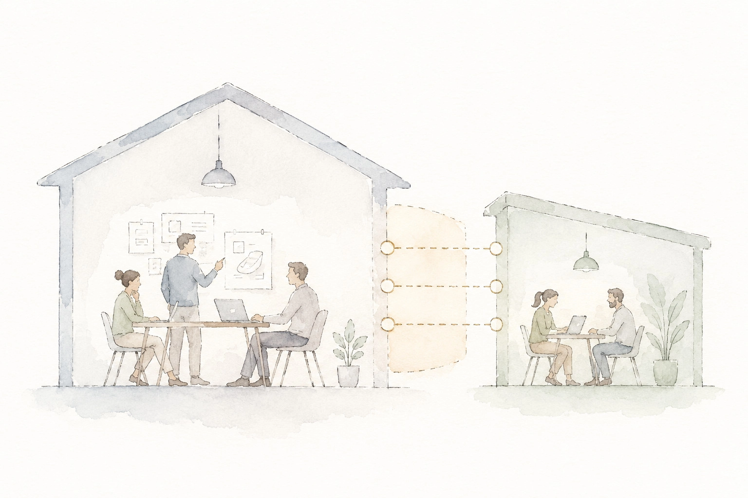 Illustration of two teams in separate workspaces connected by three shared interfaces.