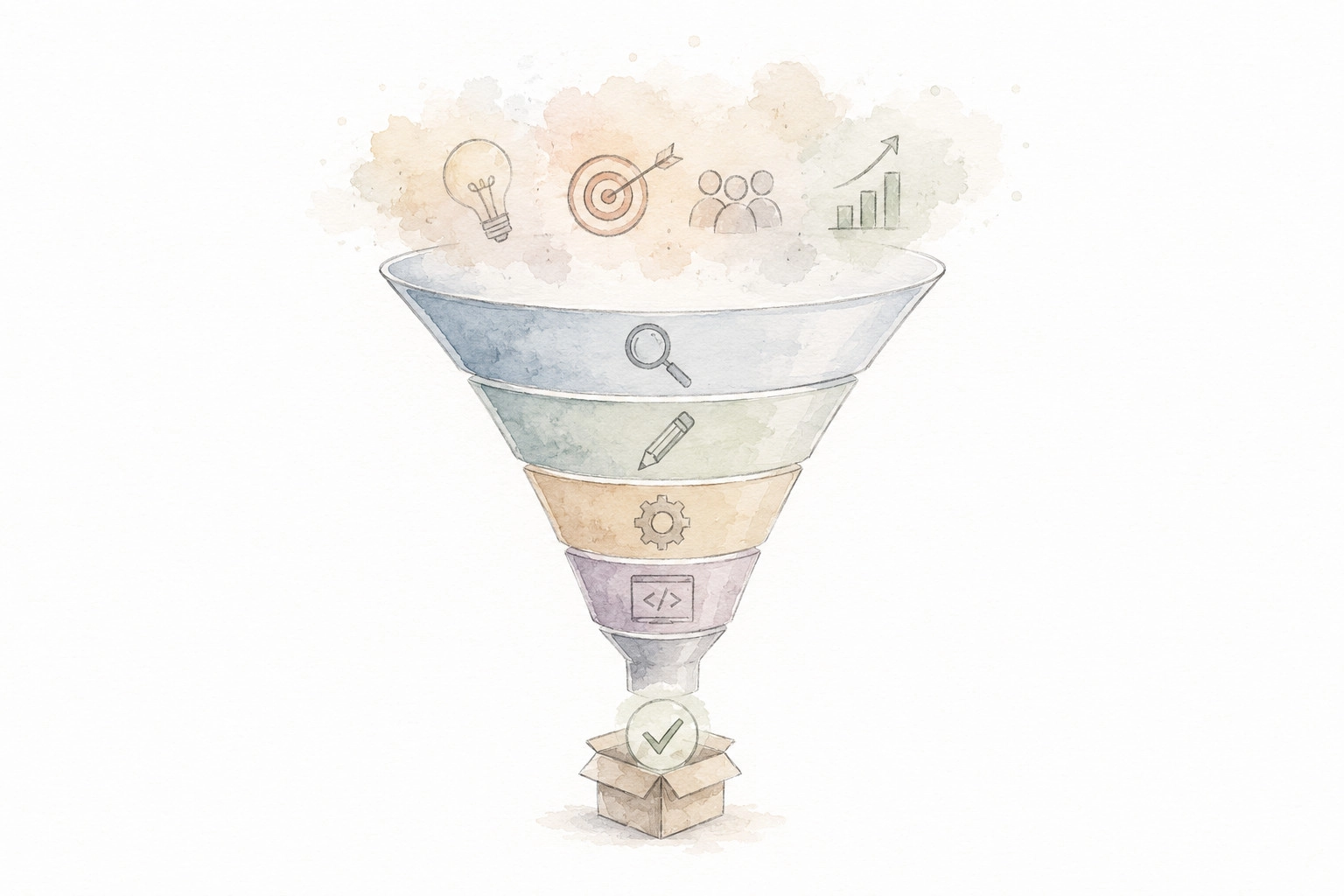 Conceptual funnel turning business goals through analysis, design and code into a checked delivery package.