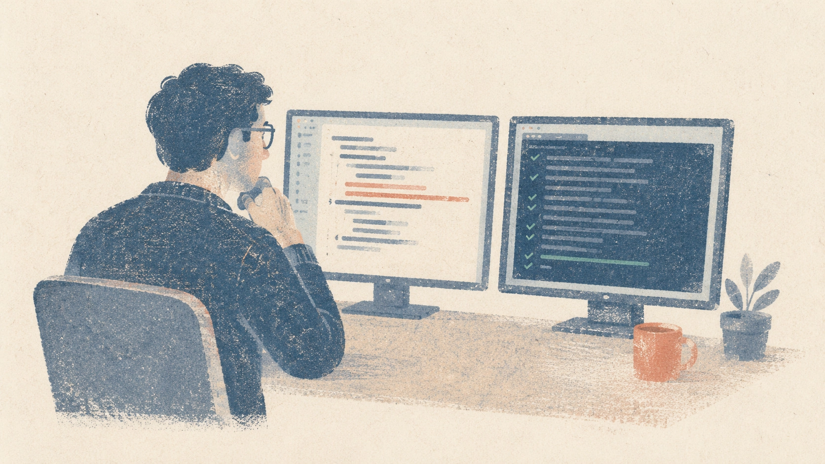 A developer at a dual-monitor setup reviewing code suggestions while a terminal window displays a successful automated deploy