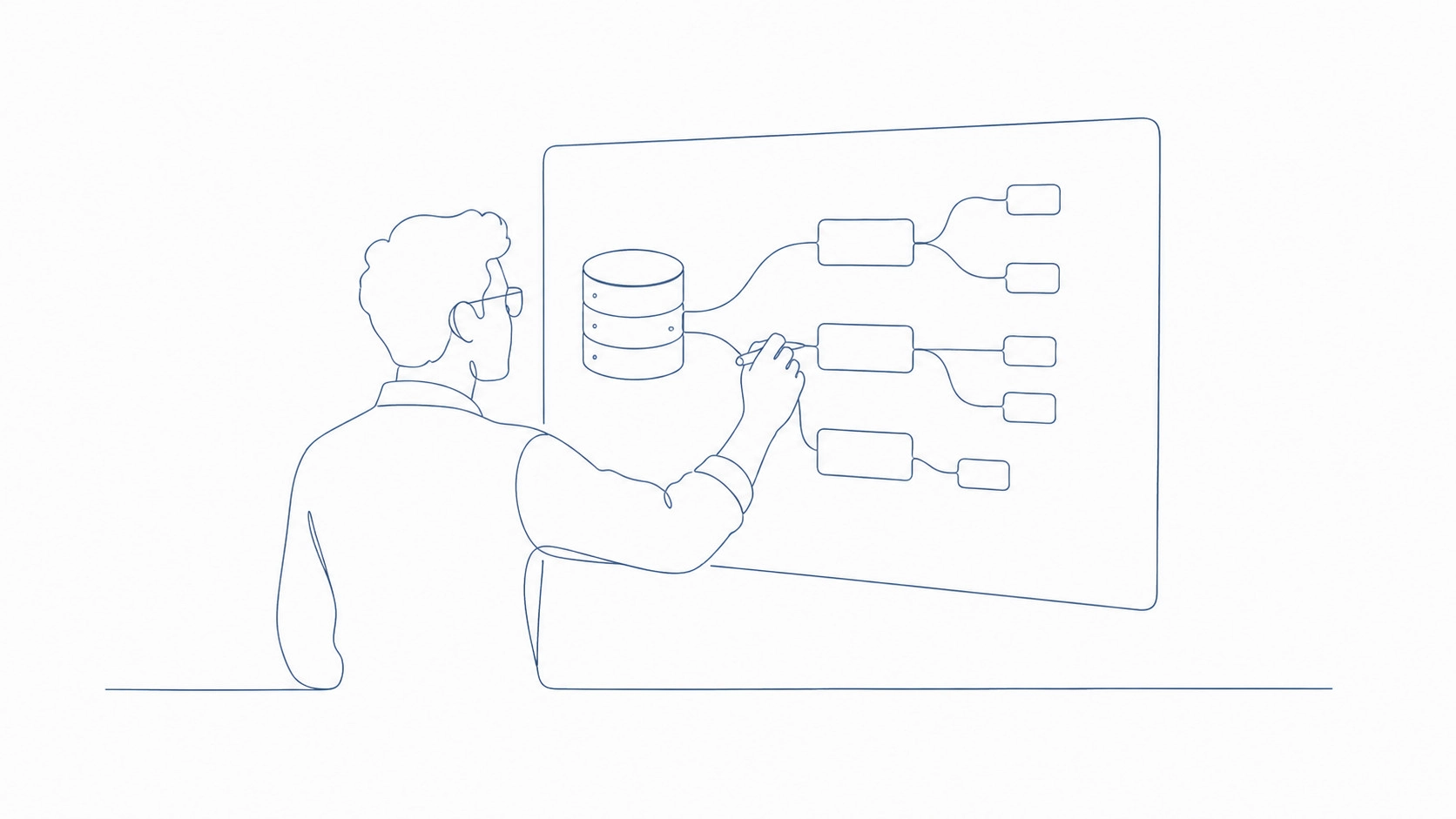 a developer mapping database relationships to schema markup nodes on a whiteboard
