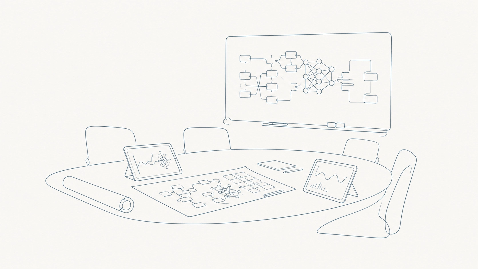 A boardroom table with blueprints, tablet screens showing model performance graphs, and a whiteboard with complex architectur