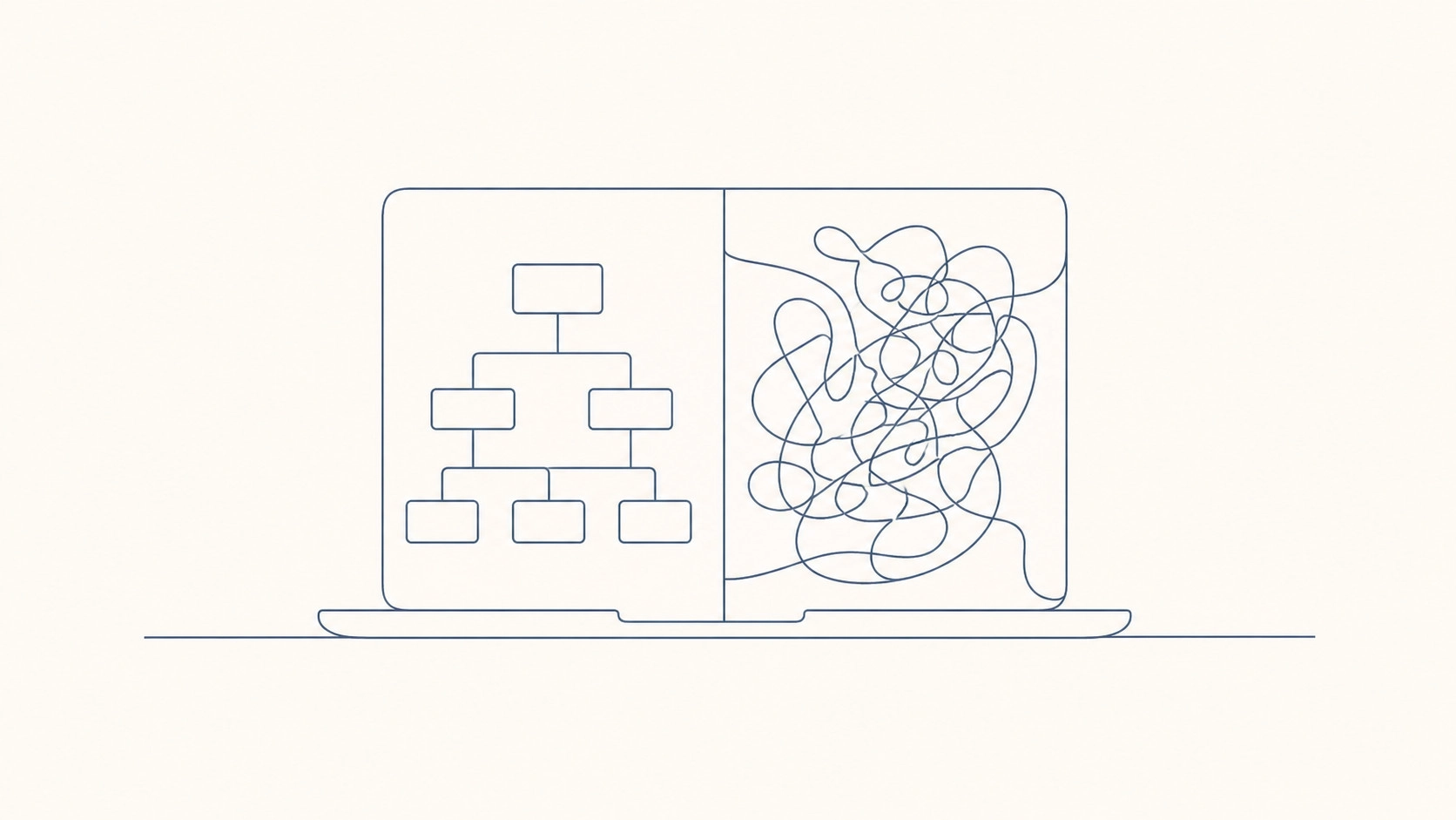 Close up of a split screen showing a clean, modular code architecture vs. a tangled, spaghetti-code mess