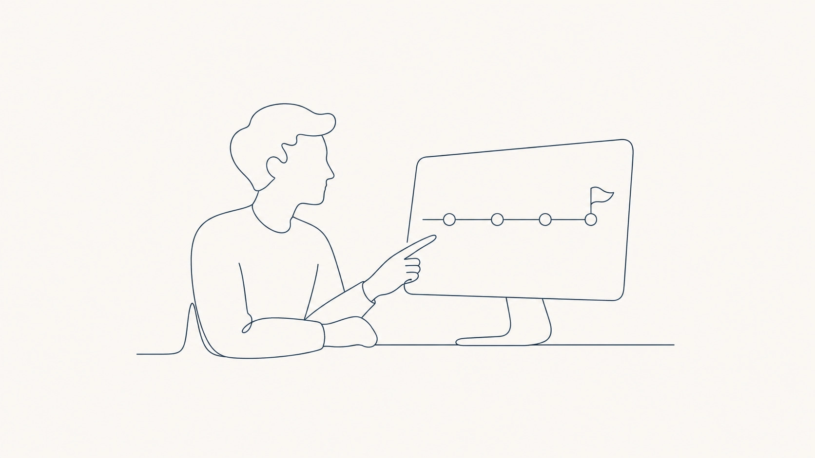 A calm, professional business setting with a person pointing to a clear, concise project roadmap on a monitor