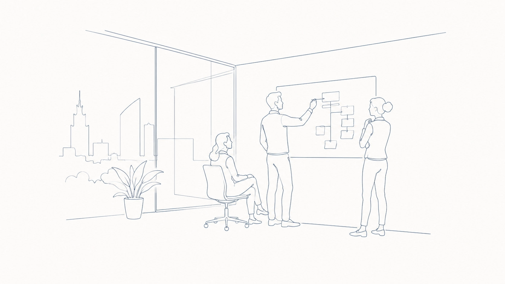 A clean, modern office workspace in a high-tech Polish office building with glass walls and professional staff collaborating