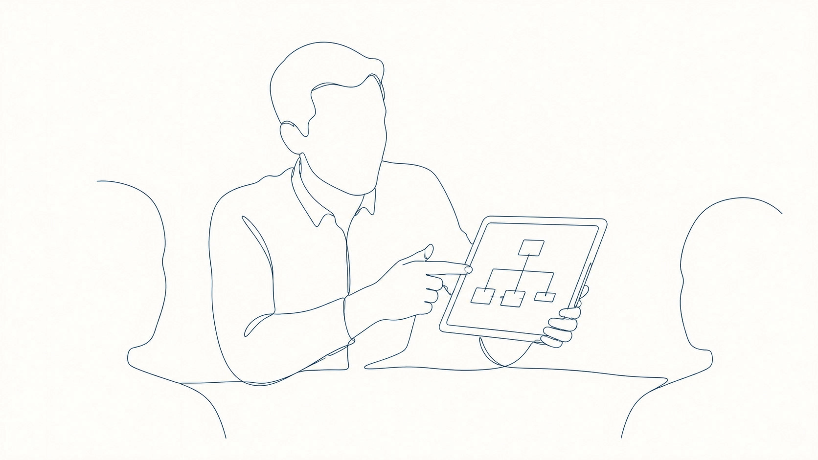 A close-up of a senior developer explaining a project architecture diagram on a tablet during a business meeting.