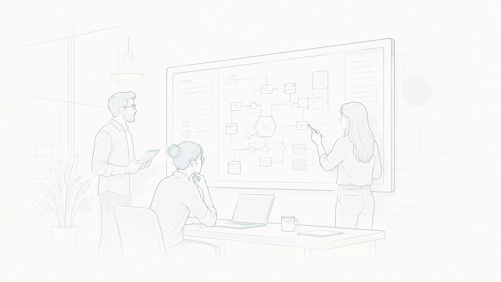 An engineering team reviewing delivery plans at a shared whiteboard
