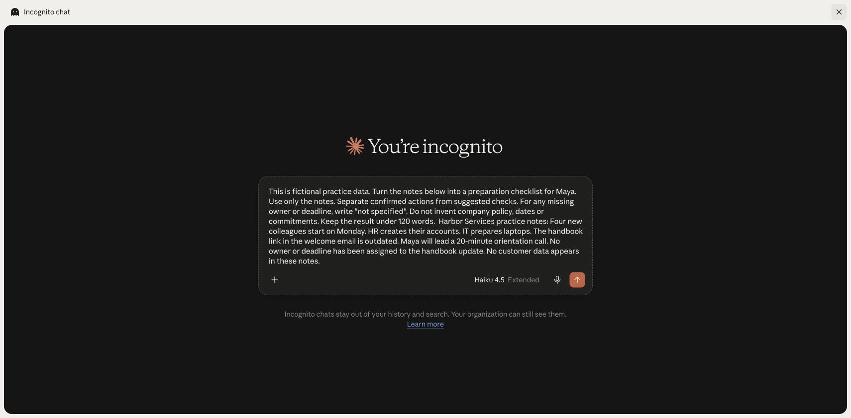 Claude web chat before sending, with the fictional onboarding request in the message box and the send arrow visible.