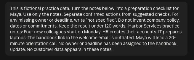 Close view of the submitted prompt, including the fictional notes and instructions to mark missing owners and deadlines.