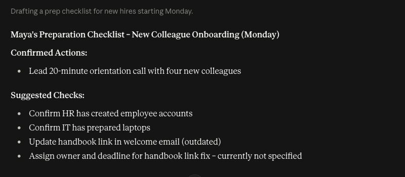 Claude's first checklist puts HR and IT assignments under suggested checks, while keeping the handbook owner and deadline unspecified.