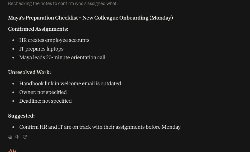 Corrected Claude checklist with HR, IT and Maya under confirmed assignments, the handbook gap under unresolved work, and an extra check marked suggested.