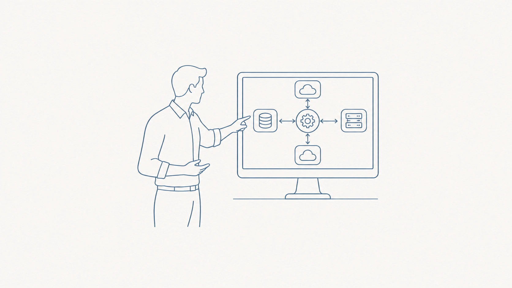 Line illustration of a person explaining connections between a database, servers and cloud services