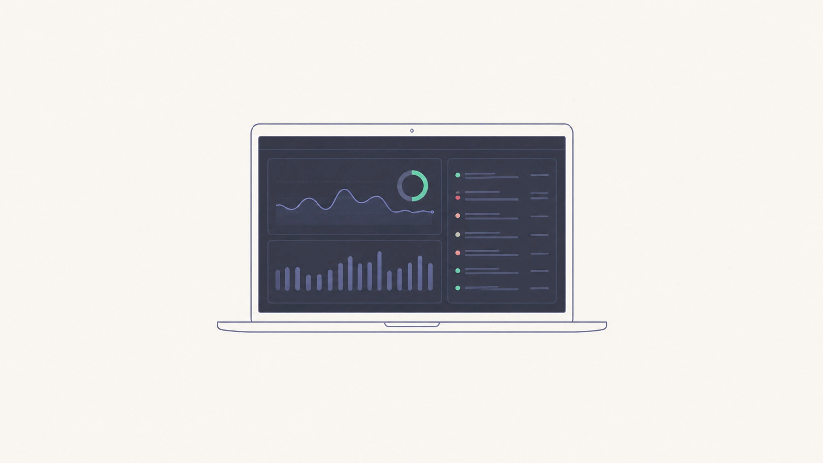 Illustration of a laptop dashboard with charts and colored status indicators