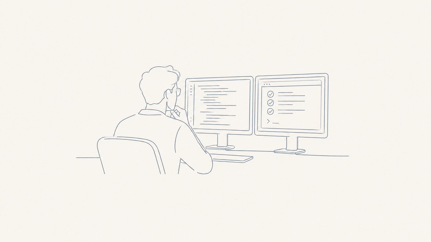 Line illustration of a developer reviewing code and check marks on two monitors