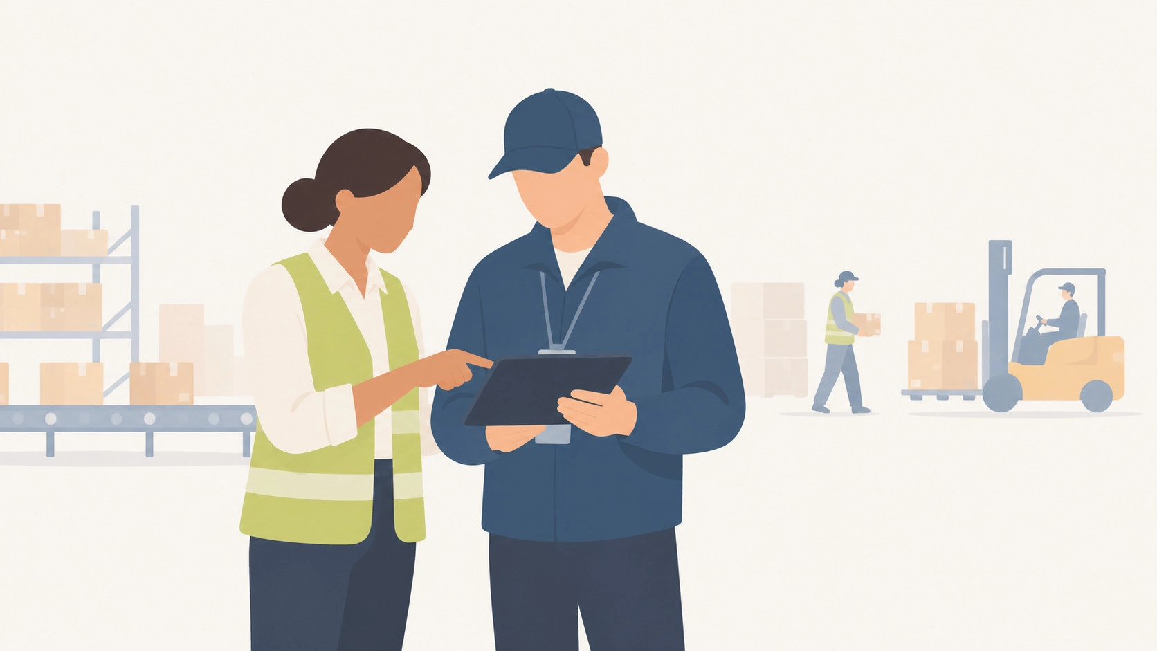 Operations specialist and engineer reviewing a live workflow in a warehouse
