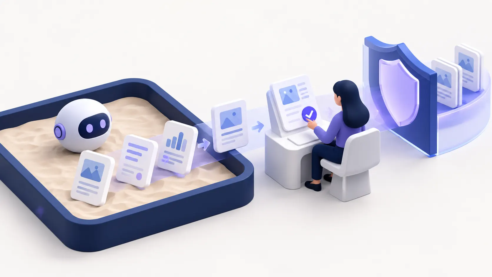 Illustration of an AI test sandbox, sample documents and a human approval checkpoint