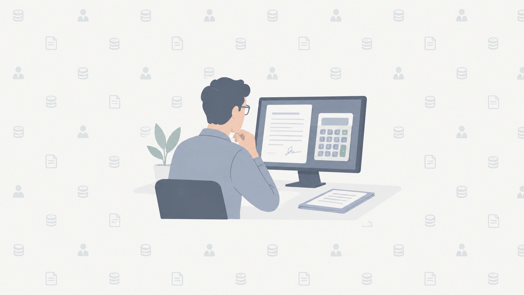 Illustration of a manager comparing a hiring contract with a calculator