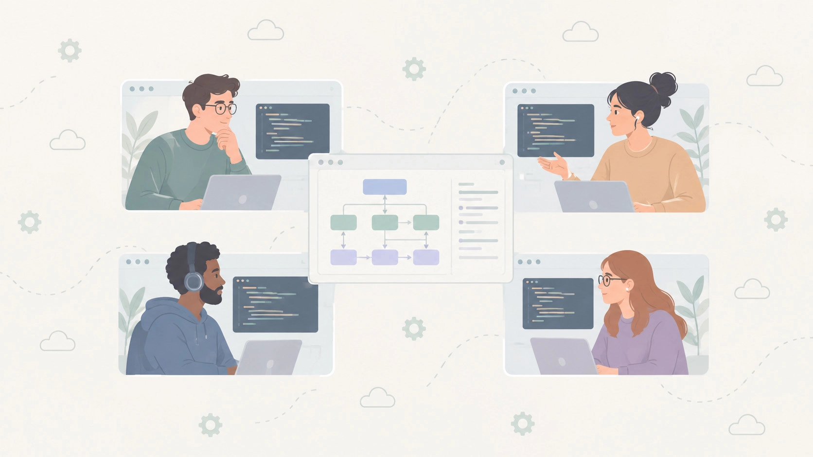 Illustration of four remote engineers discussing a shared project diagram