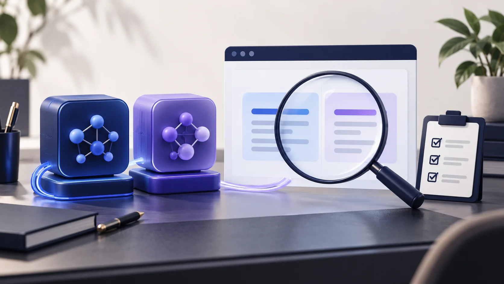 Illustration comparing two AI modules with a magnifying glass and checklist