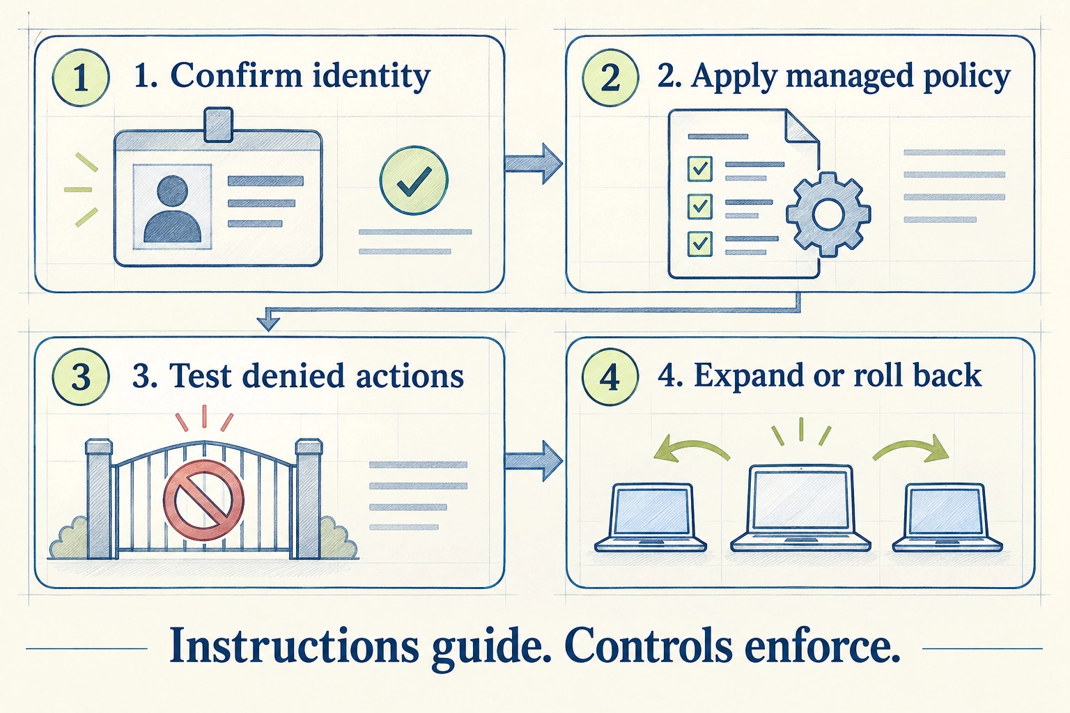 Four rollout checks: identity, managed policy, denied actions and rollback