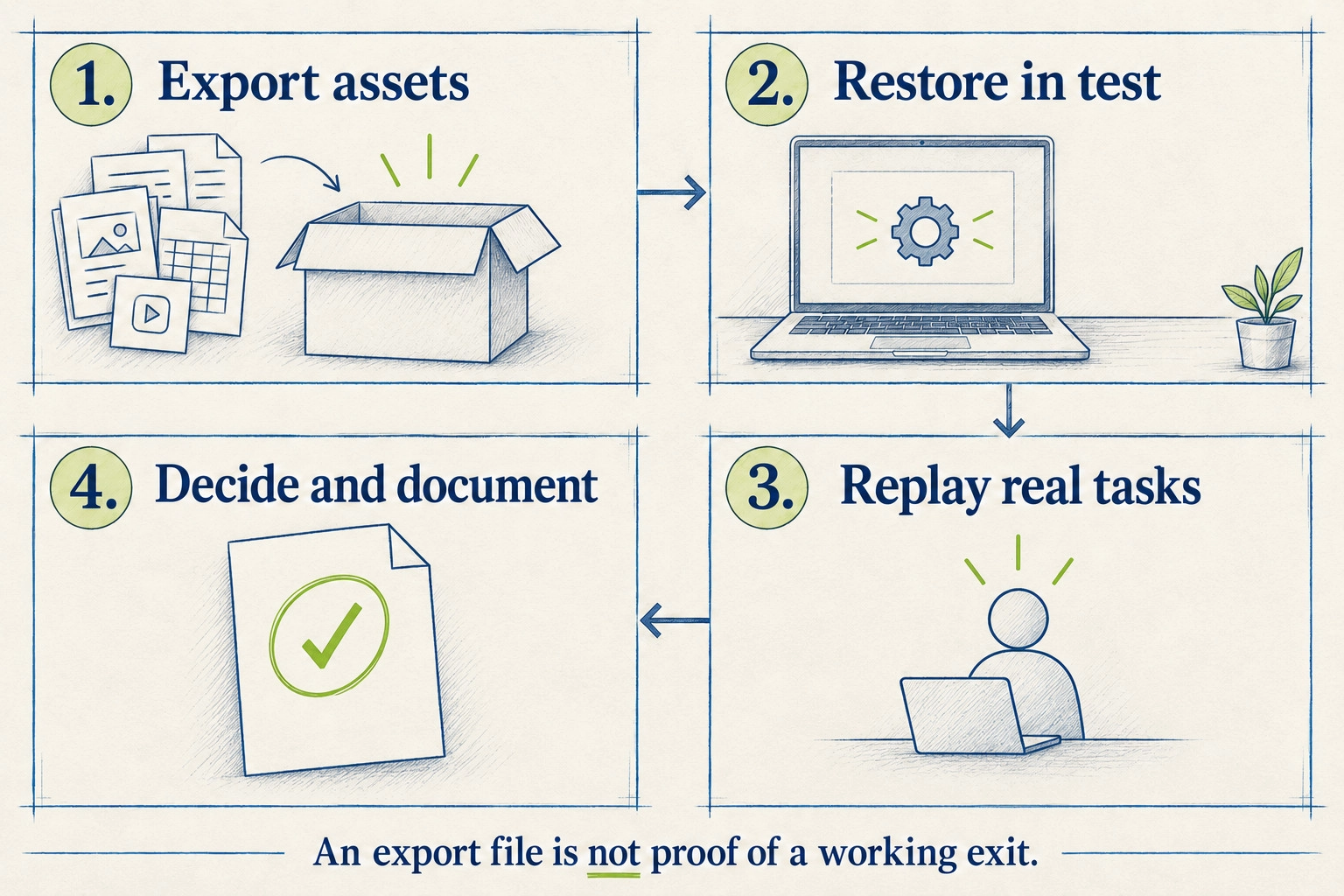 Four steps in an AI vendor exit rehearsal: export, restore, replay tasks and document the decision
