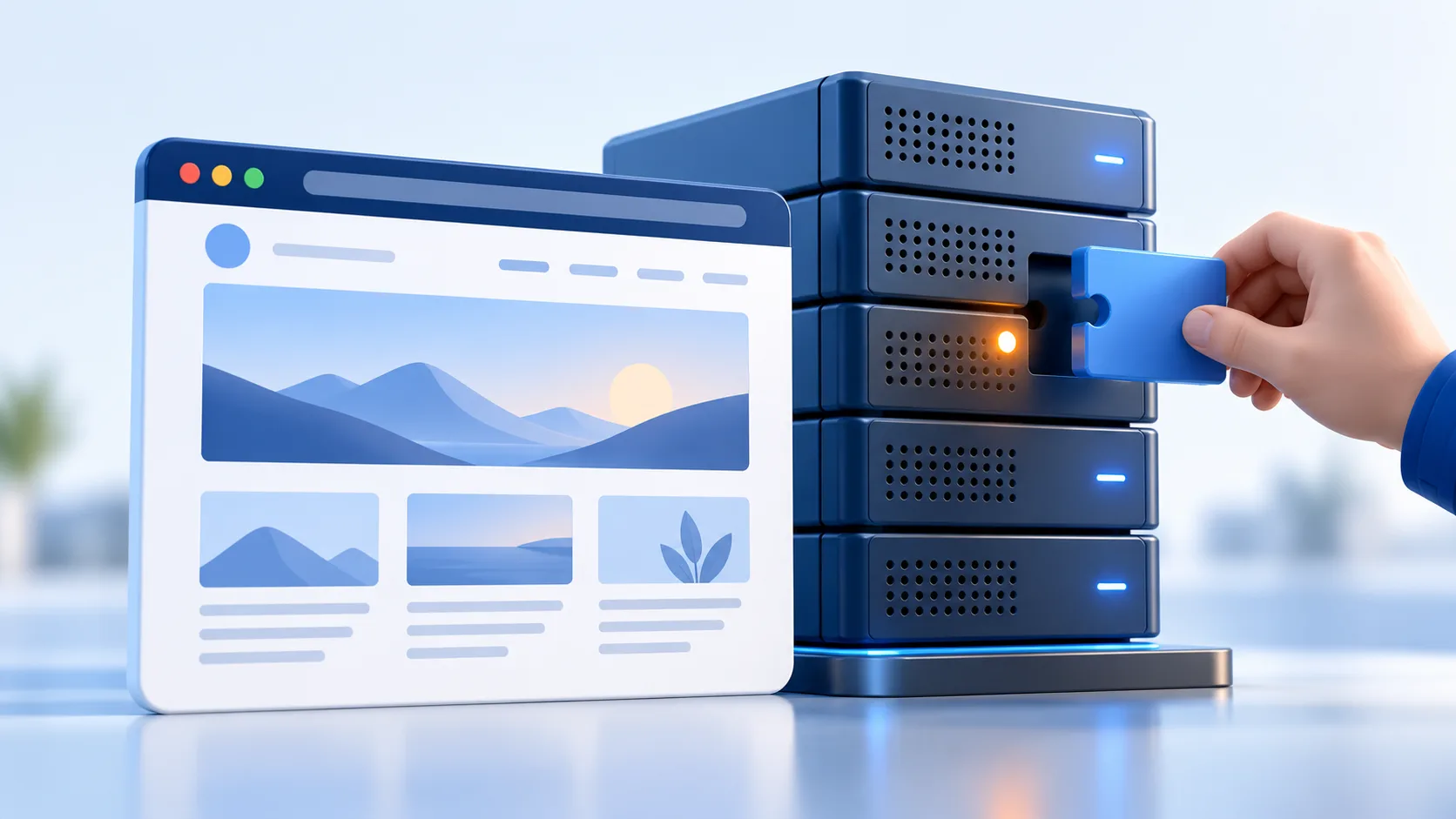 Illustration of a hand fitting a blue patch into a server beside a website window